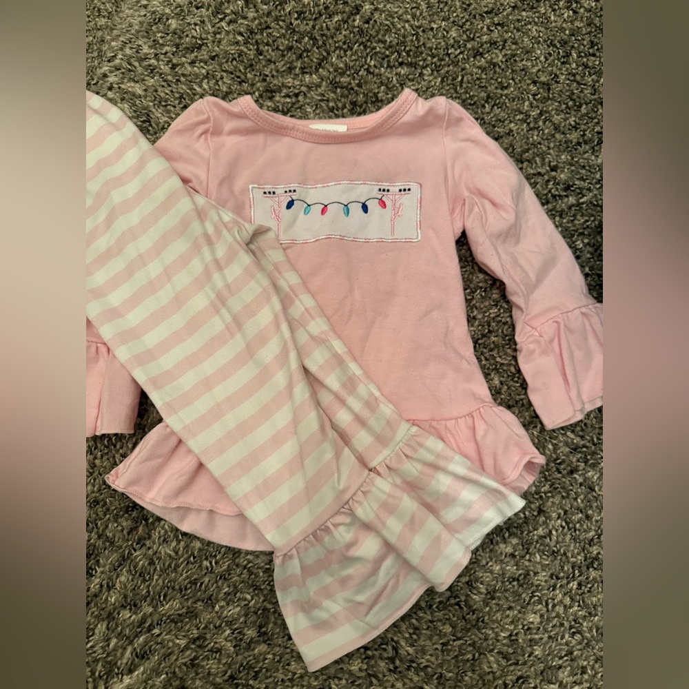 Pink Ruffle Long Sleeve Top and Striped Pants Set